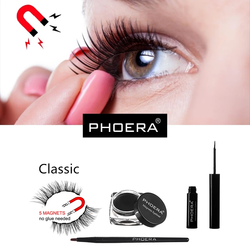 PHOERA Magnetic Eyeliner Eyelashes Kit 3D Magnet False Eyelash Reusable& Liquid Eyeliner& Brush Set Waterproof Lasting Makeup - Цвет: Classic