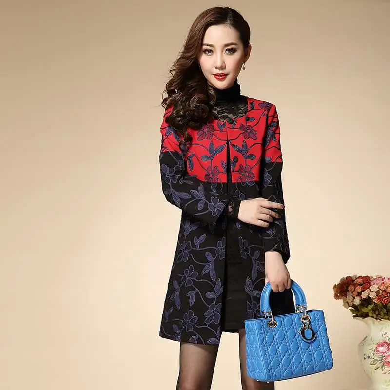 Elegant Jacket New 2016 Autumn Winter Fashion Brand Full Sleeve Blue Embroidery Red Black Spliced Women Long | Женская одежда