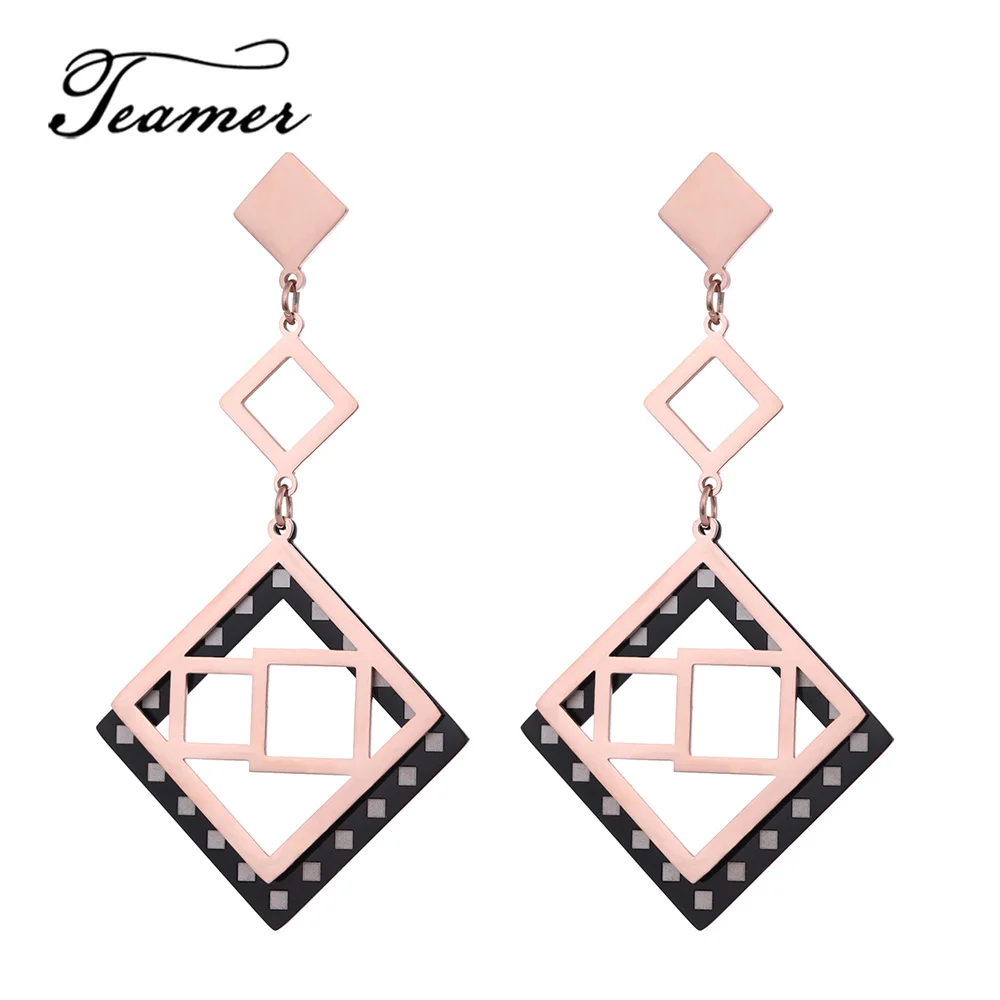 

Teamer Multi Square Geometric Drop Earrings for Women Simple Jewelry Gold Color Stainless Steel Brincos Hollow Long Earrings