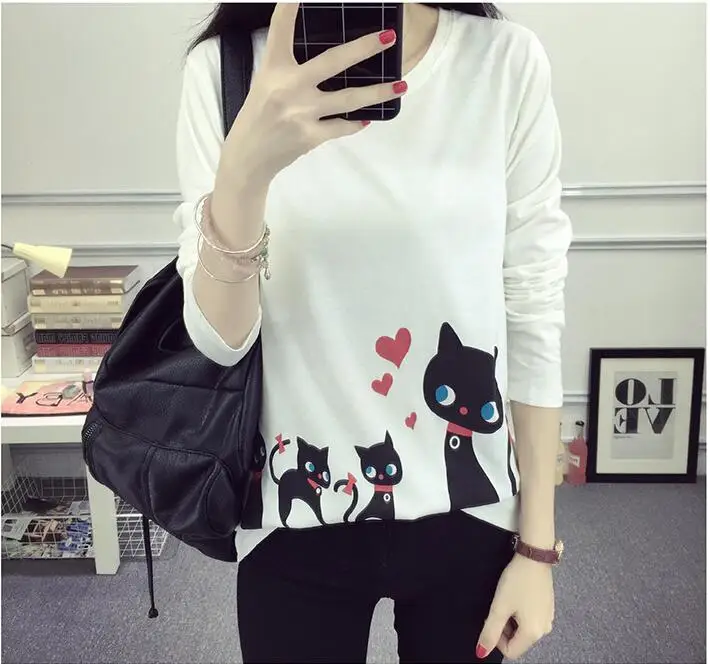 

2019 New Autumn Women T-shirt Korean Fashion Cute Cat Printed Long Sleeve Casual Kawaii Student Tops Tees Roupa Feminina