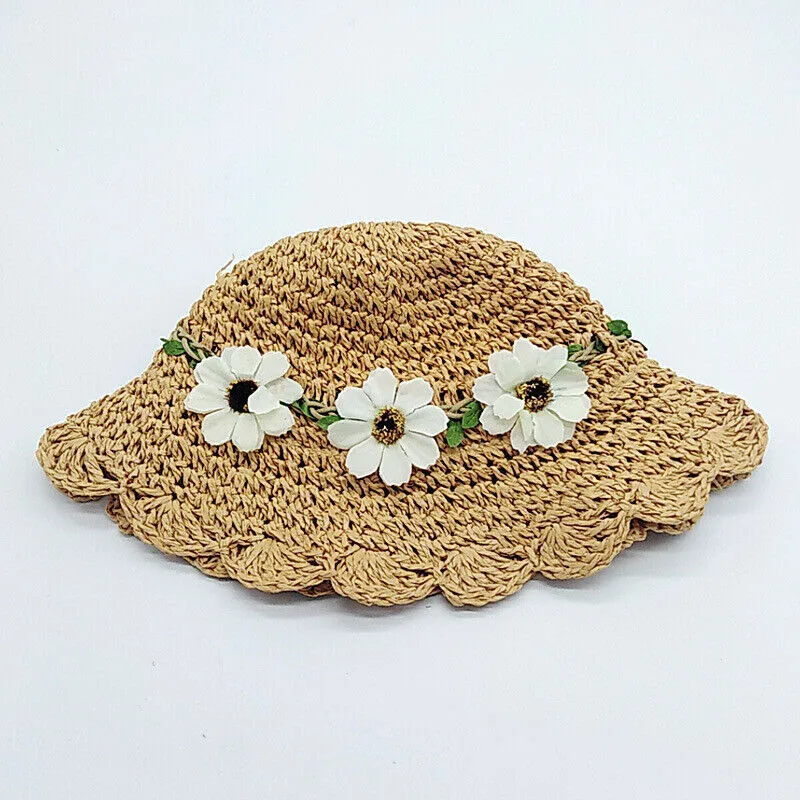 Хаки Boho/летние детские соломенные шляпы для маленьких девочек; Дышащие Соломенная шляпка с 3D цветами; пляжная Праздничная детская Солнцезащитная шляпа для маленьких девочек - Цвет: Хаки
