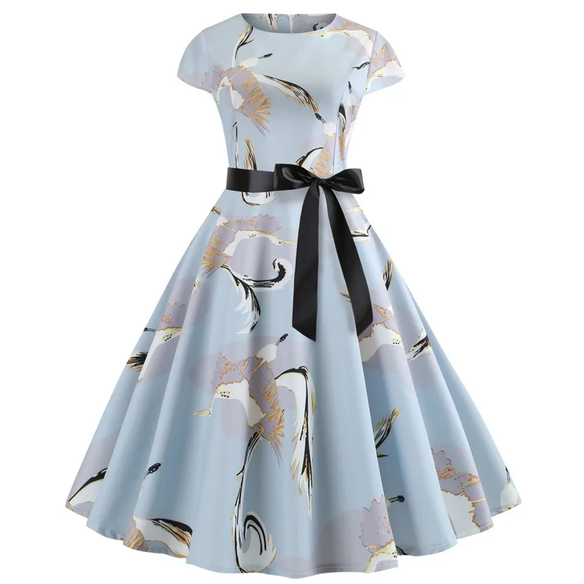 

Floral Print Dress Women 2019 Summer Elegant Vintage Party Dresses Short Sleeve Belt Tunic Swing Hepburn Casual Midi Vestidos