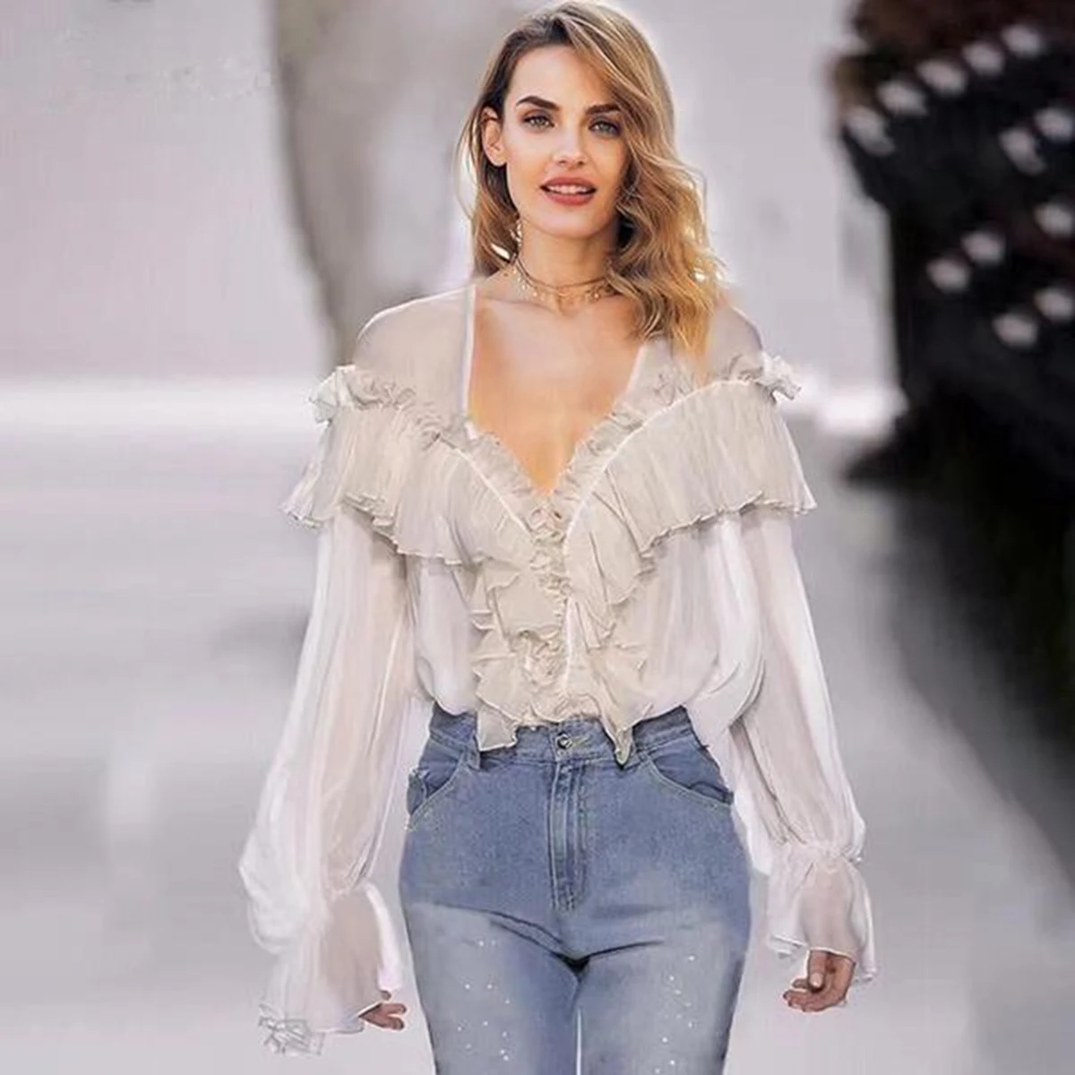 

Jastie Ruffle V-Neck Shirt Blouse Long Sleeve Spring Autumn Top Loose Casual Boho Chic Blouses Top Tencel Women's Shirts Blusas