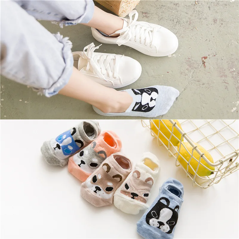 

5 Pairs/lot Women Socks Dog Pattern Boat Sock for Summer Breathable Casual Girls Ankle socks Funny Fashion Socks Slippers