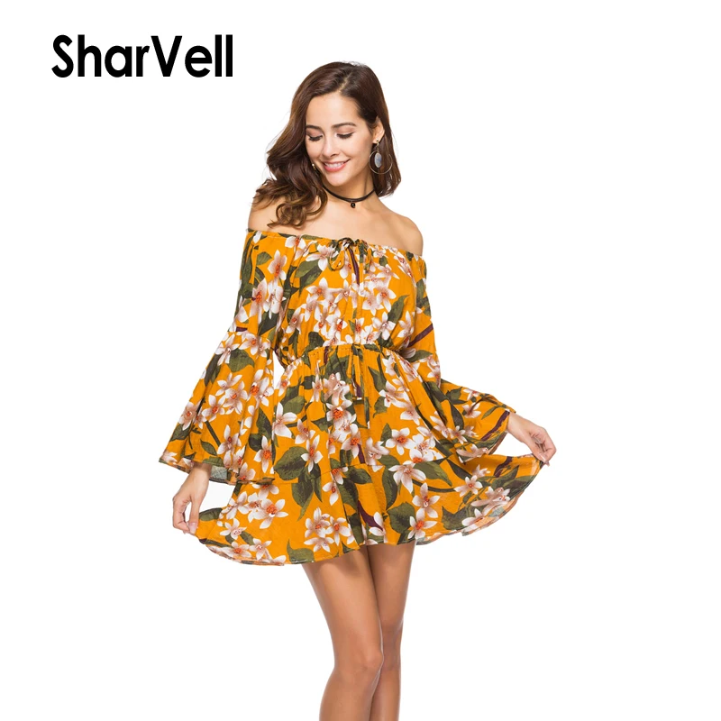 SharVell для женщин Folarl печати Boho платья мода Slash средства ухода за кожей Шеи Империя