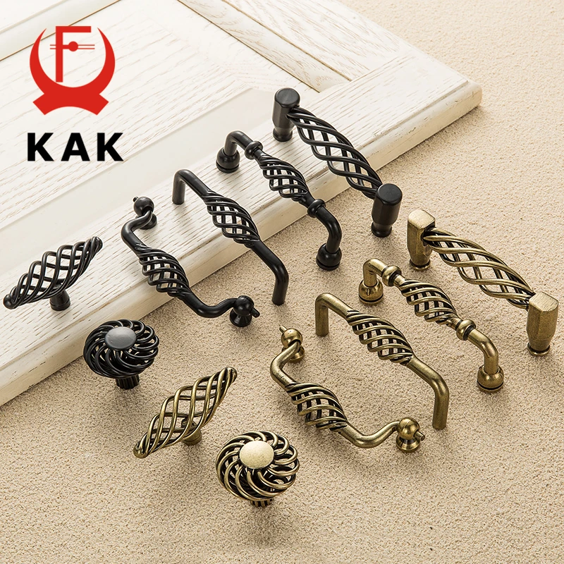 KAK Vintage Antique Bronze Cabinet Handles Hollow Out Birdcage Handles Drawer Knobs Wardrobe Door Pullers Furniture Handle