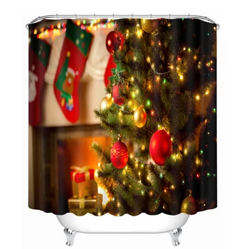 

3D Christmas Tree Stocking Present Pattern Shower Curtains Bathroom Curtain Waterproof Thickened Bath Curtain Customizable