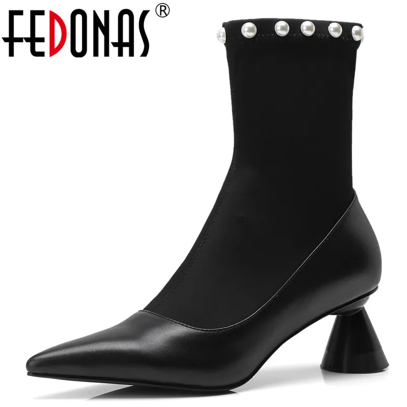 

FEDONAS Fashion Punk Pointed Toe Strange Style Slip on Women Ankle Boots Autumn Winter Genuine Leather Chelsea Boots Party Shoes