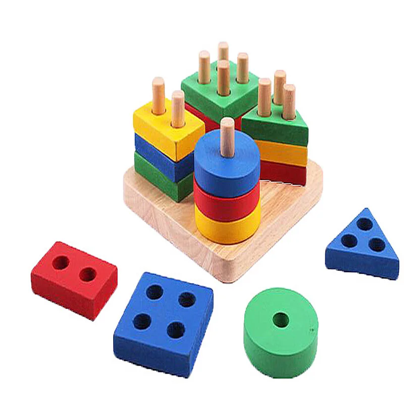 

candice guo! Montessori child wooden geometry intelligence board baby toy shape column building blocks 1pc