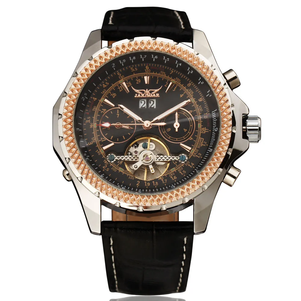WINNER Men Dress Mechanical Wrist Watch Tourbillon Genuine Leather Strap Rhinestone Inlaid Bezel