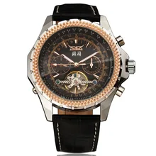 WINNER Men Dress Mechanical Wrist Watch Tourbillon Genuine Leather Strap Rhinestone Inlaid Bezel