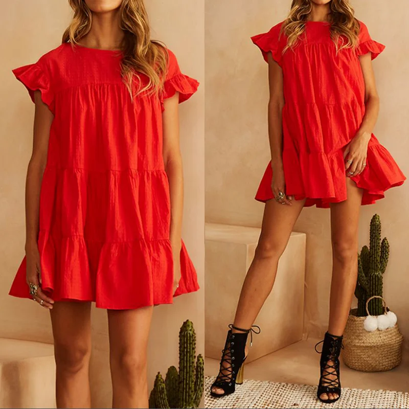 Women Casual Loose Dress Woman Summer Ruffle Cake Short Dresses Holiday Beach Party Sundress Office Ladies Homewear Vestidos