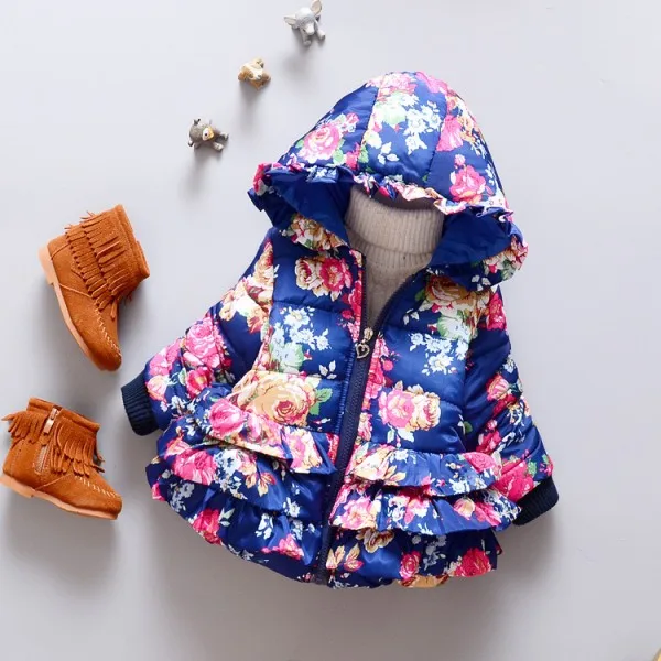 Новое пальто для маленьких девочек с цветочным принтом и капюшоном; осенне-зимняя куртка для новорожденных; Winterjas baby Meisje; пальто для малышей; 8BB004 - Цвет: Синий