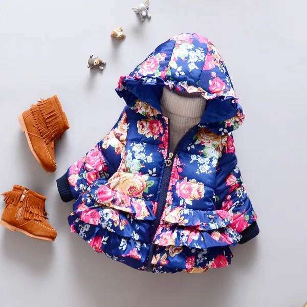 New Coat Baby Girl Print Flower Hooded Thickness Autumn Winter Newborn