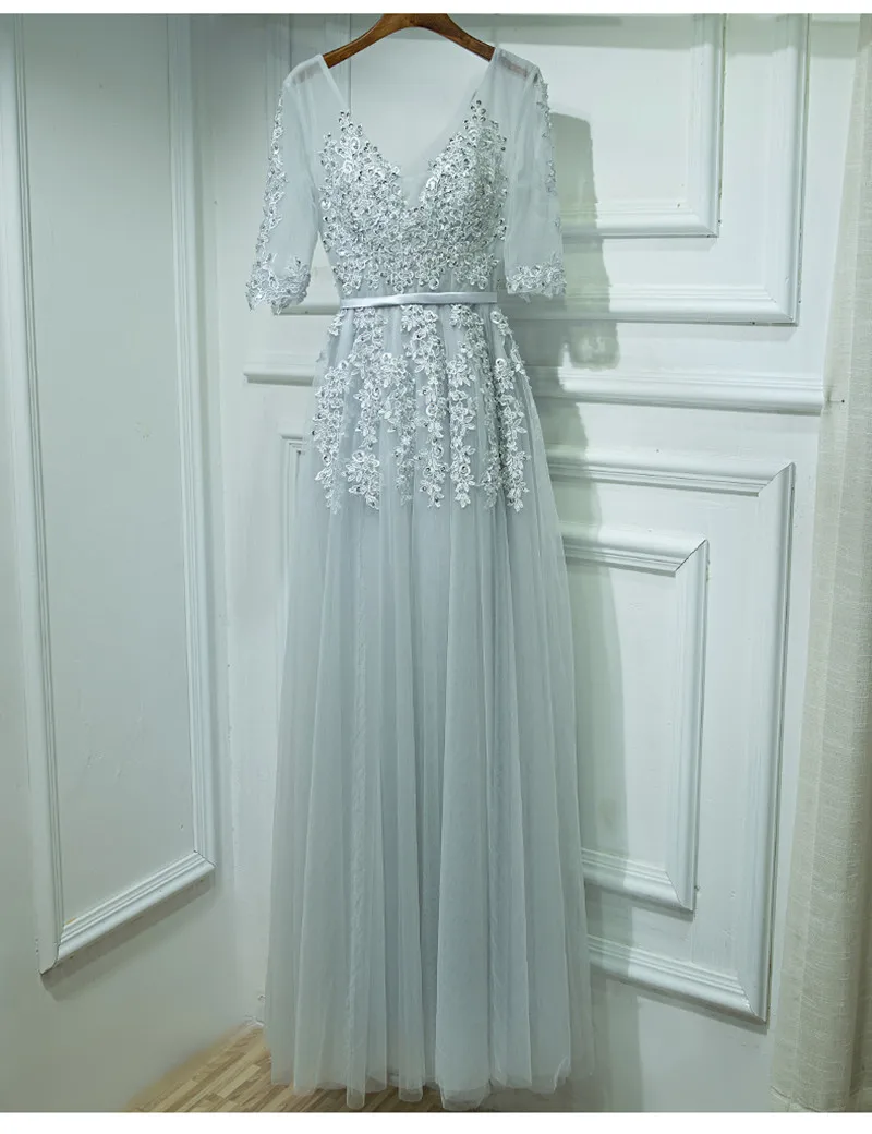 Сексуальное вечернее платье с v-образным вырезом, Robe De Soiree, высокое качество, Серый Тюль, вечерние платья с аппликацией, настоящая фотография, vestido de festa