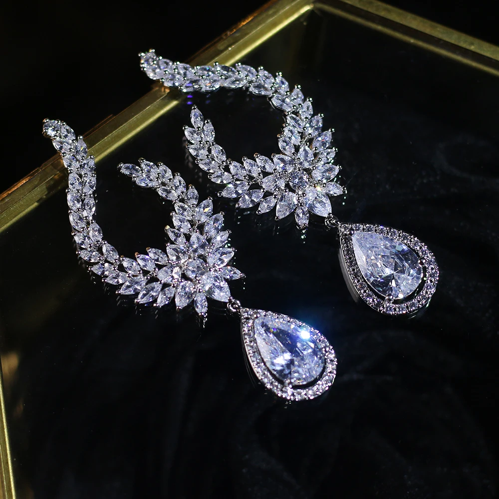 Moda de lujo Cubo de la gota кубический цирконий Naija Pendientes del banquete de boda Joyeria de moda Mujeres