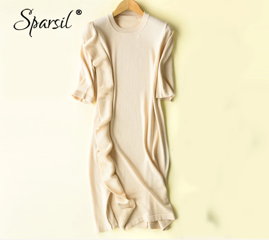

Sparsil New Women Knitted Dresses Solid Knee Length O Neck With Ruffles For Ladies Loose Maxi Dress Short Sleeve Summer Elegant