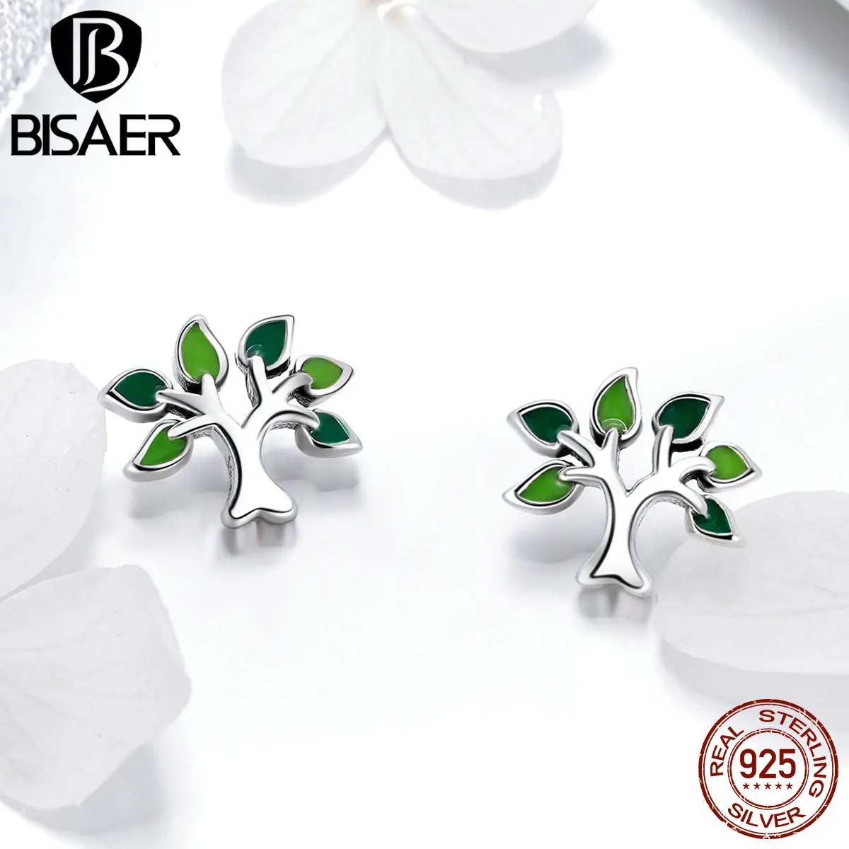 BISAER, настоящее 925 пробы, серебряное дерево жизни, маленькие серьги-гвоздики, дерево, листья, серьги для женщин, модное серебряное ювелирное изделие
