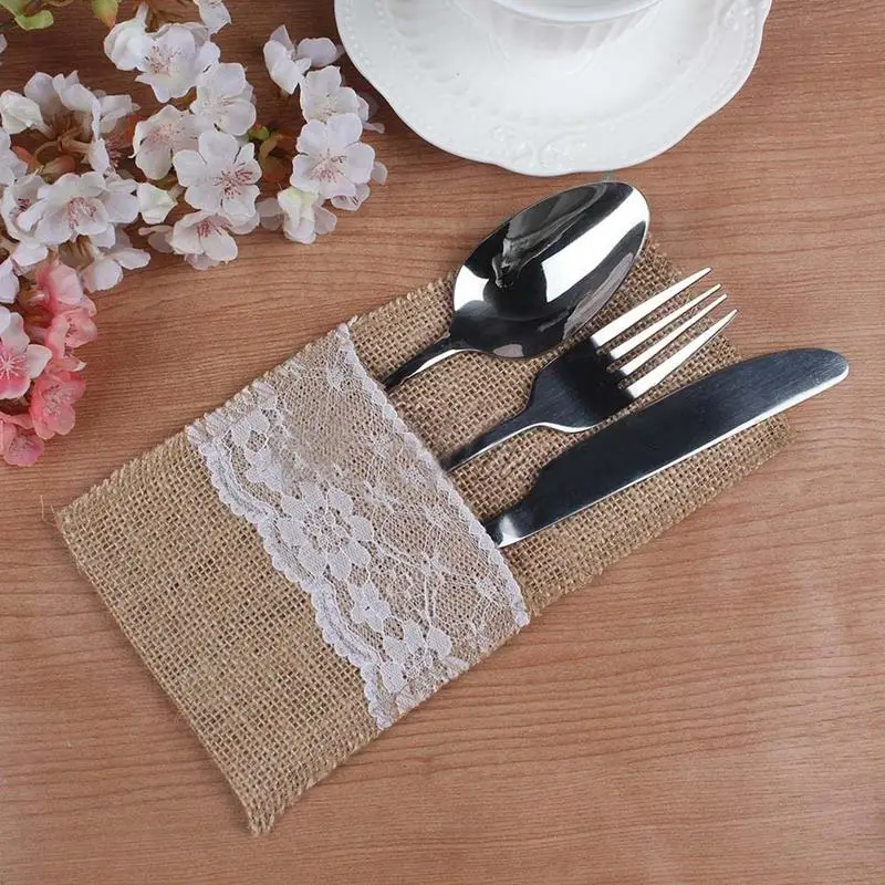 

100 Jute Burlap Pouch Lace Bag Wedding Party Home Dinner Tableware Supplies