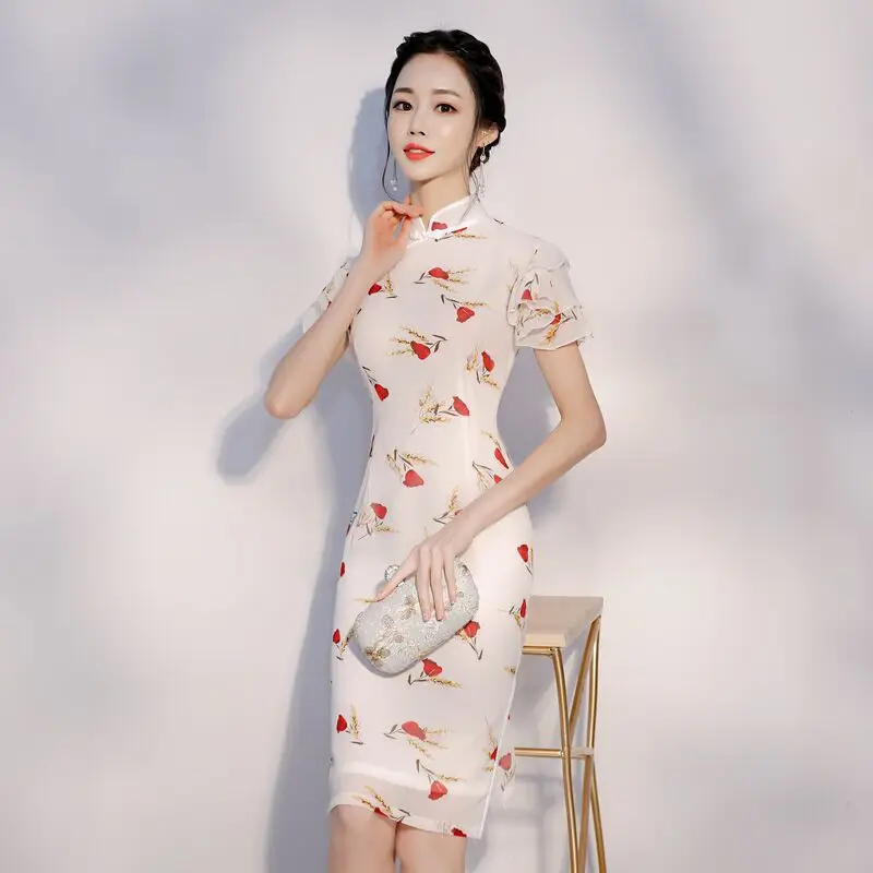 Винтажное китайское платье ченсам короткие Стиль мини Ципао новое поступление женское, летнее, шифоновое тонкое платье Vestido Размеры S M L XL XXL