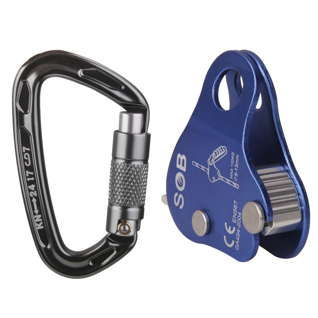 24KN Self Locking Carabiner + Aluminum Rope Grab Climbing Rappelling
