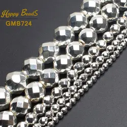 Faceted Silver Plated Rose Gold Hematite Natural Stone Beads for Jewelry Making - Round Loose Beads in Various Sizes (Silver - Plated)
