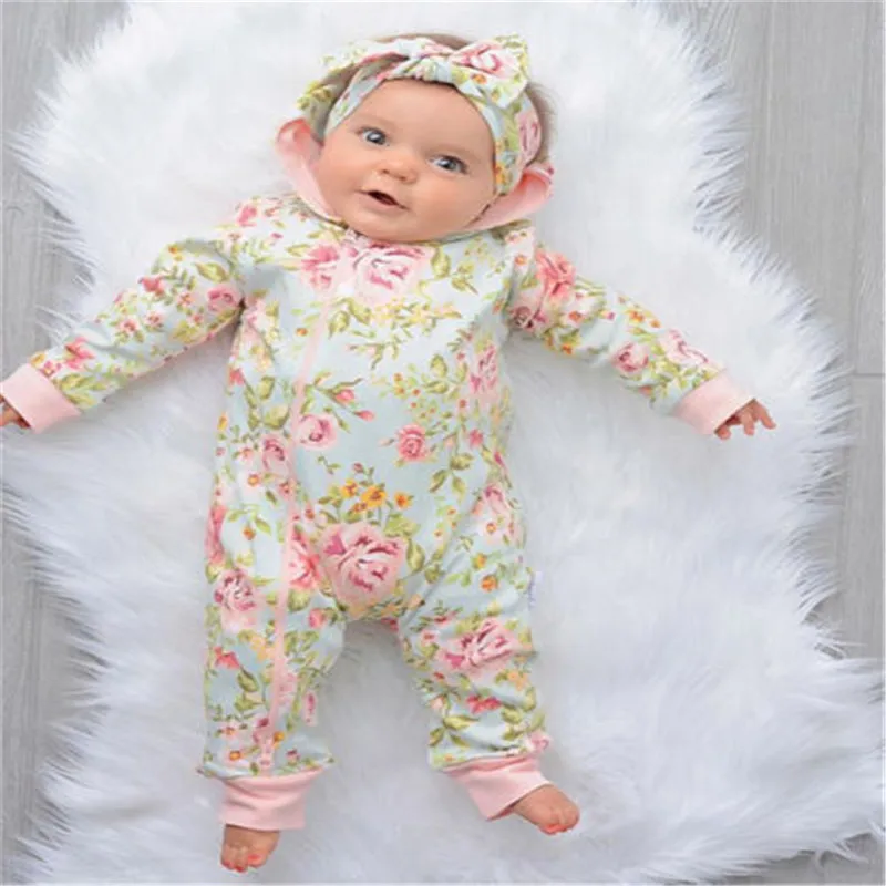 CANIS 2018 Otoño Invierno recién nacido bebé niña Floral flor con capucha diadema Zip Romper Bebe niñas mamelucos mono Ropa CANIS 2018 Otoño Invierno recién nacido bebé niña Floral flor con capucha diadema Zip Romper Bebe niñas mamelucos mono Ropa