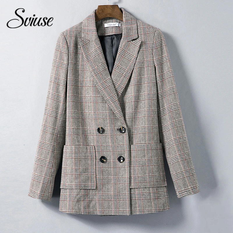 Women Plaid Long Blazer Female Casual Fashion Double