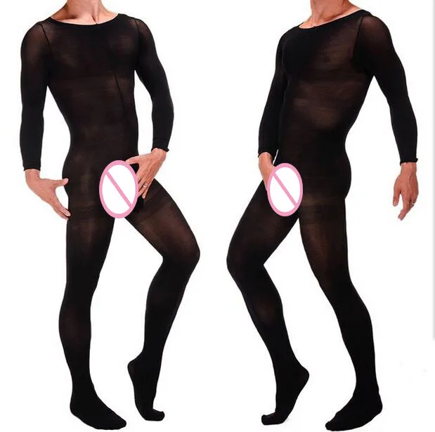 Hot sale Male sexy body stockings Mens one piece transparent elastic Velvet Bodysuits w penis sleeve Coveralls socks 5 Colors -