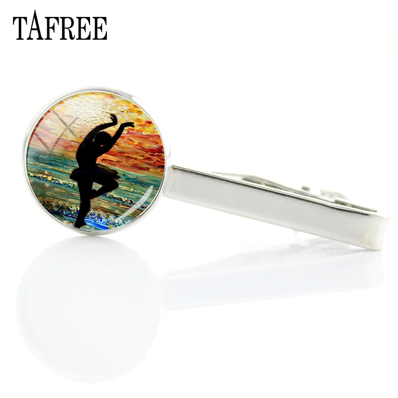 

TAFREE Ballet Girl Picture Tie Clips New Fashion Dancing Art Glass Cabochon Dome Men Jewelry DS08