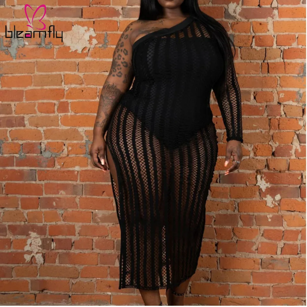 

XL - 5XL Plus Size Fishnet Sheer Dress Black Striped One Shoulder Off Long Sleeve High Split Dresses Women Beach Bikini Cover Up