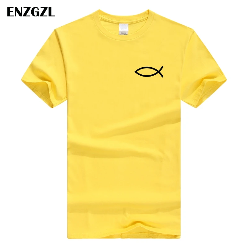 Новинка года, летняя мужская футболка, хлопок, футболка с коротким рукавом, высокое качество, футболка для мальчиков, топы серого цвета с изображением христианского Иисуса, рыбы, Z4925 - Цвет: x-Yellow