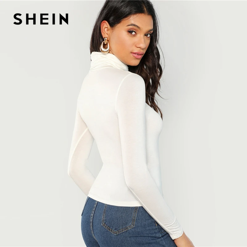 SHEIN белая водолазка, Приталенная футболка, элегантная рабочая одежда с длинным рукавом, одноцветные пуловеры, женские топы, Минималистичная Осенняя футболка