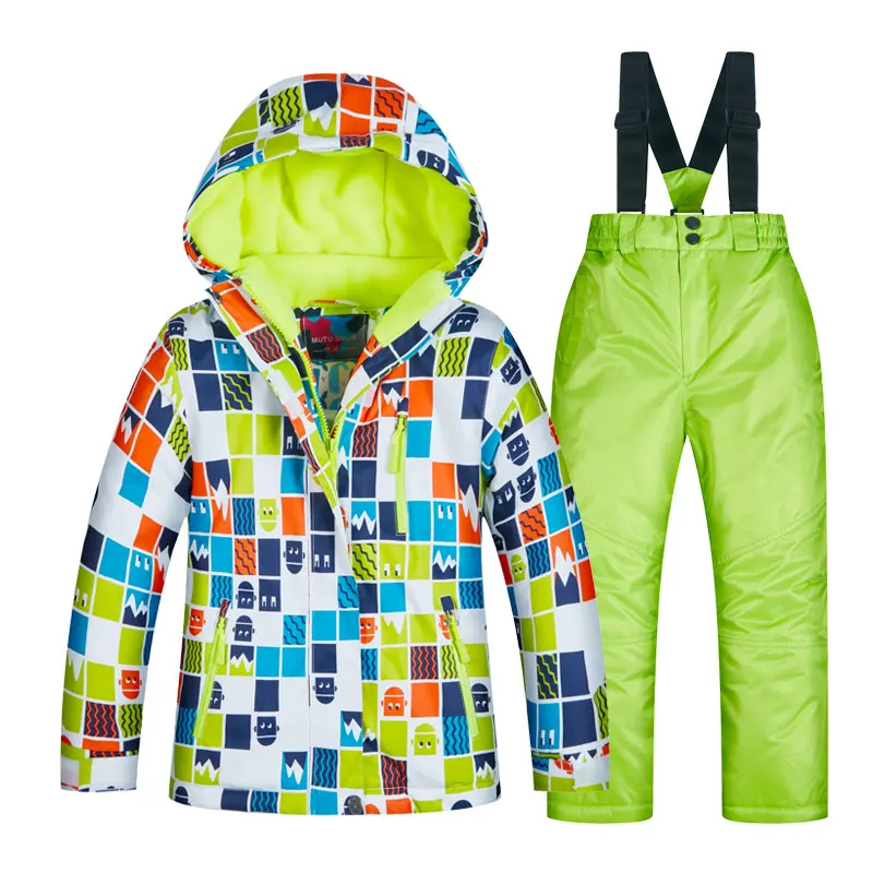 Новейший детский лыжный костюм зимняя водонепроницаемая супер теплая яркая Лыжная куртка и штаны для девочек и мальчиков брендовые зимние куртки для мальчиков - Цвет: RT009  GREEN