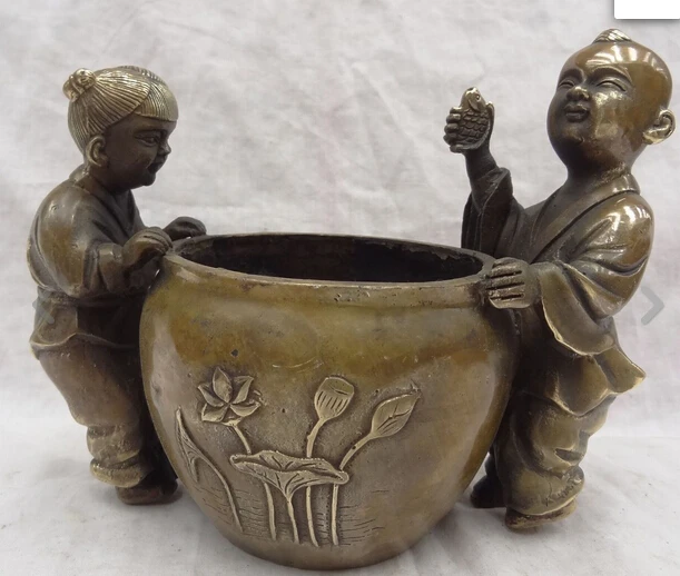 

6628+++8" Chinese Bronze 2 Kid Children Wealth Fish Box Pot Statue Bowl Tank Censer