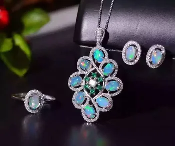 

Fidelity Natural 4*6mm opal s925 sterling silver ring/pendant/earrings Brilliant fine jewelry sets women natural color gemstone