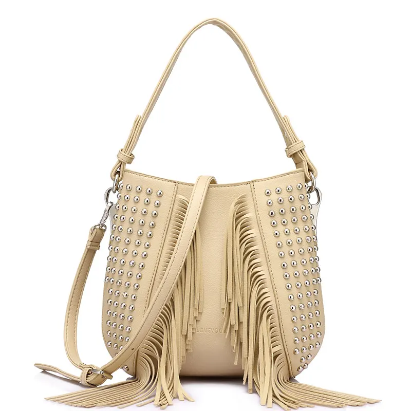 LOVEVOOK брендовая модная сумка через плечо с кисточками винтажные сумки высокого качества сумки-мессенджеры с заклепками для женщин высокое качество - Цвет: Beige