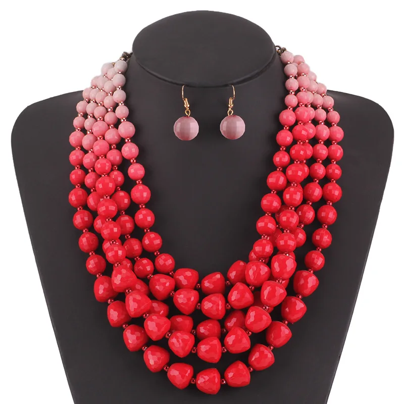 

2018 New Ethnic Boho Acrylic Bohemian Jewelry Sets Women Multi Layer Strand African Beads Beaded Gradient Necklace and Earrings