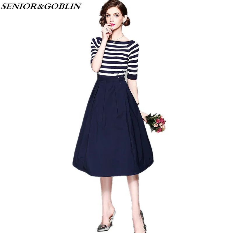 

2019 New Summer Runway Cotton 2 Piece Set Clothes Designer Spring Women Striped Off Shoulder Tops+ Long Skirt Knit Blend Suits