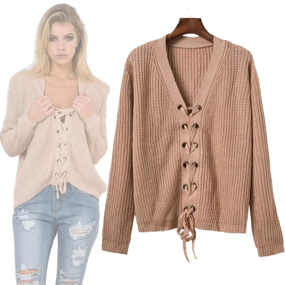 Euramerica Style Women V neck Belt Cardigan Sweaters Coats Long Sleeves