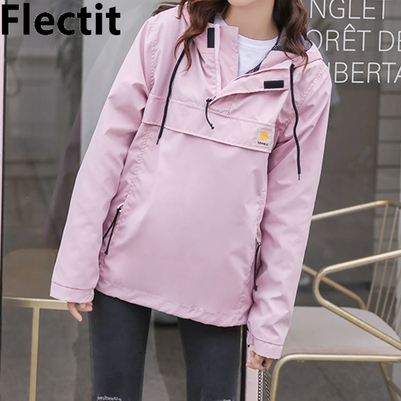 Flectit Cute Pink Hooded Windbreaker Jacket For Wo