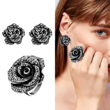 SINLEERY Роскошные Винтажные Ювелирные изделия черные кристаллы, цветок серьги кольцо Набор для женщин Свадебная вечеринка аксессуары TZ063 SSO