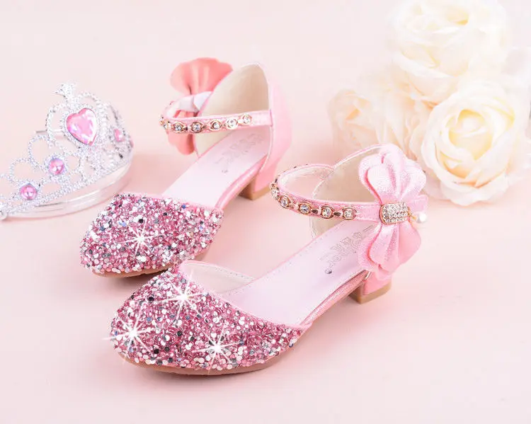 Girls Bow-knot Princess Shoes with High-Heeled, Kids Glitter Dance Performance Summer Shoes, Purple, Pink& Silver 26-38