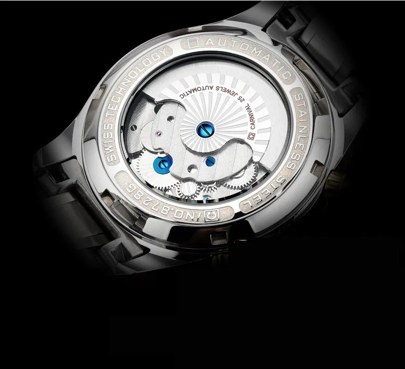 Роскошные карнавальные tourbillon часы мужчин серебро Нержавеющая сталь Водонепроницаемый автомат Дата наручные часы Relógio мужской