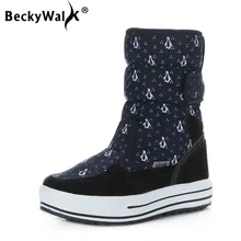 BeckyWalk/новые женские ботинки с принтом пингвина Зимняя обувь женские теплые зимние сапоги до середины икры на толстом меху, большие размеры 34-41, WSH3101