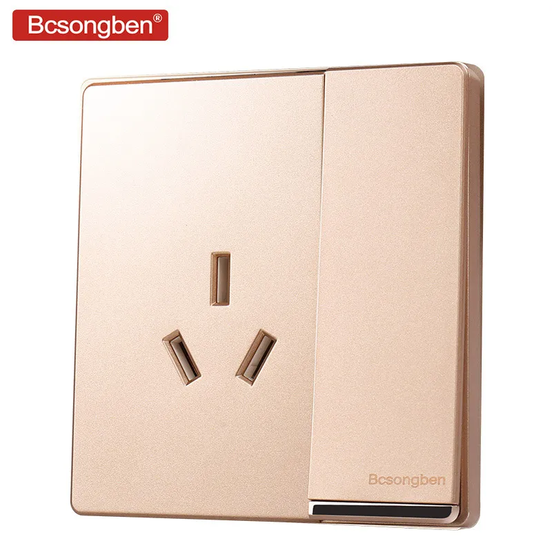 Bcsongben 1 Gang Three holes power plug pop socket 16A wall champagne gold large panel three AC 220V J3-1K2K3 | Обустройство дома