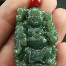 Красивый природный зеленый хотанский нефрит резной китайский Большой Будда Амулет счастливый кулон+ ожерелье сертификат ювелирные изделия