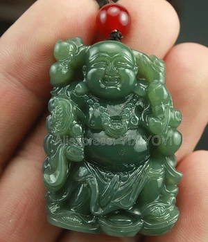 

Beautiful Natural Green HeTian Jade Carved Chinese Larghing Buddha Amulet Lucky Pendant + Free Necklace Certificate Fine Jewelry