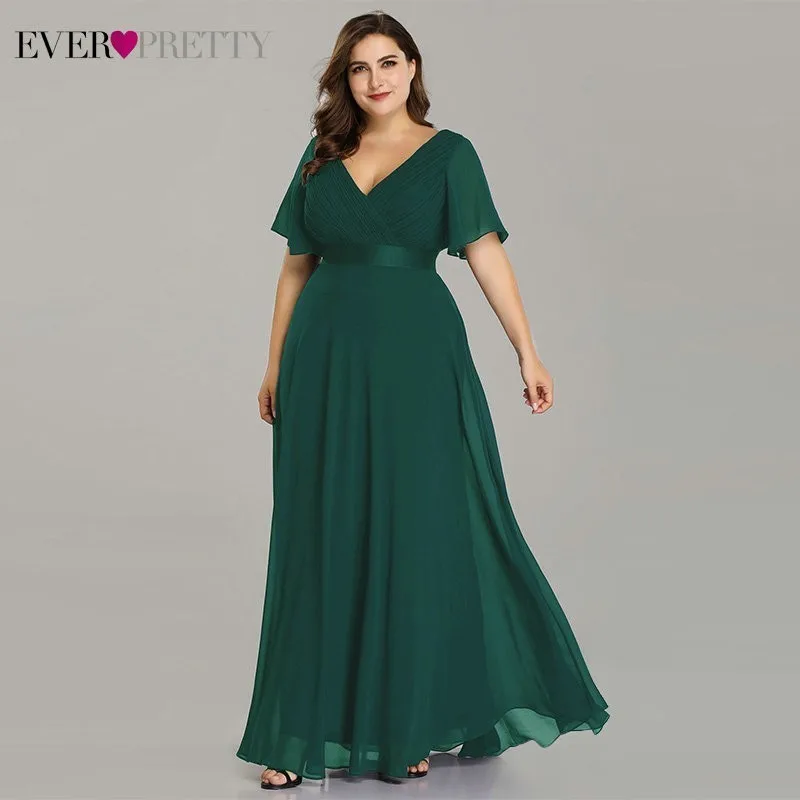 Dark Green Вечерние платья размера плюс Ever Pretty EP09890, элегантное шифоновое вечернее платье с v-образным вырезом и оборками, вечернее платье, платье для вечеринки, Robe De Soiree - Цвет: Dark Green