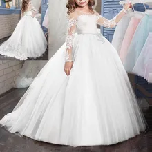 Girls First Communion Princess Dress High Waist Ball Gown Puffy Tulle Long Dress Flower Girls Wedding Bridesmaid Dress for Kids цена Girls First Communion Princess Dress High Waist Ball Gown Puffy Tulle Long Dress Flower Girls Wedding Bridesmaid Dress for Kids цены онлайн